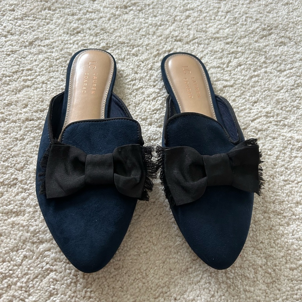 LC Lauren Conrad Dark Blue Mules with Black Bow